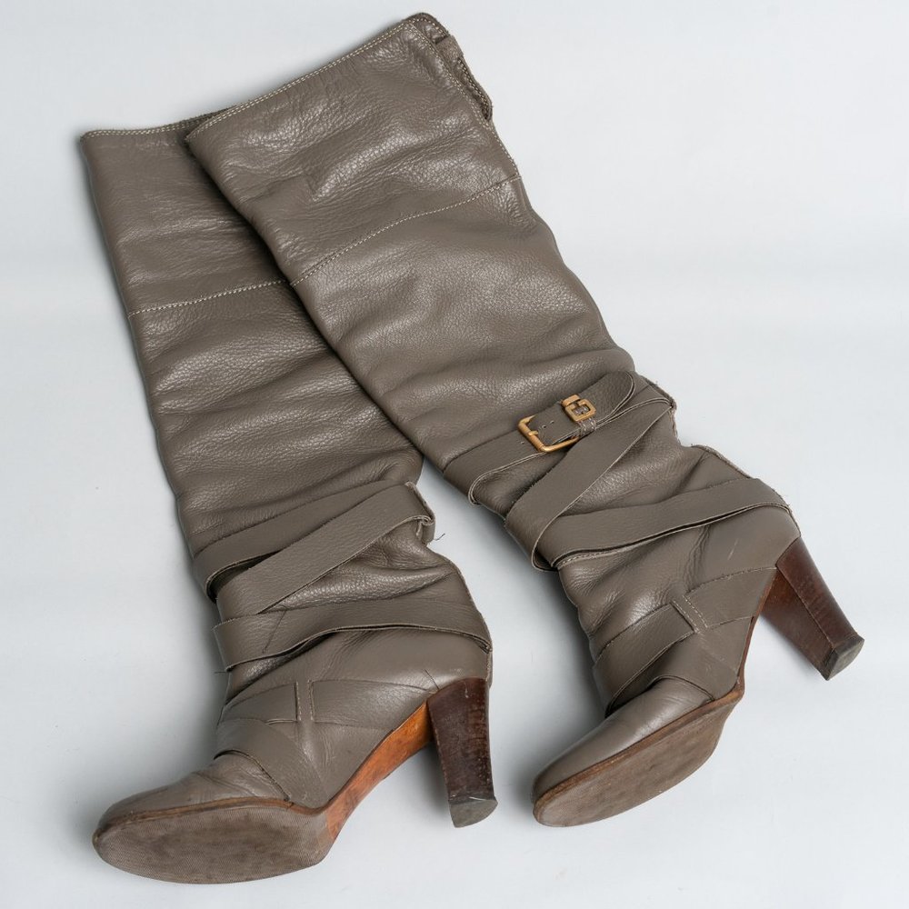 Chloe over the knee leather boots, Olive grey Size 39